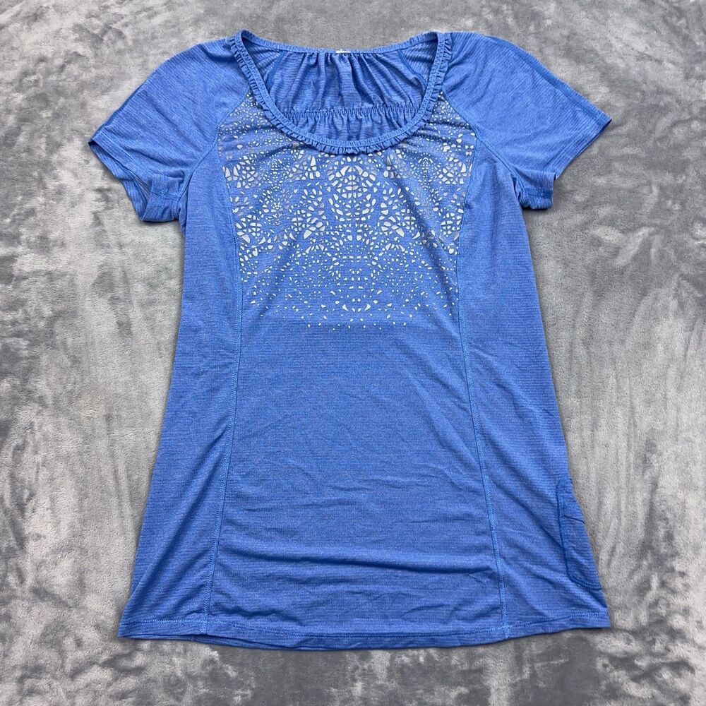 Lululemon Run Wild Tech Tee Womens Size 4 Blue Reflective Ruffle Detail